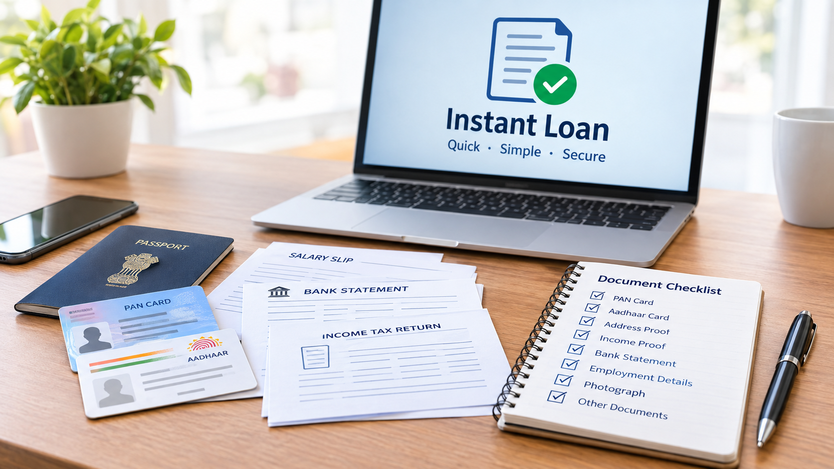 Instant loan documents checklist showing PAN card, Aadhaar, salary slip, bank statement, income tax return, and online loan application.